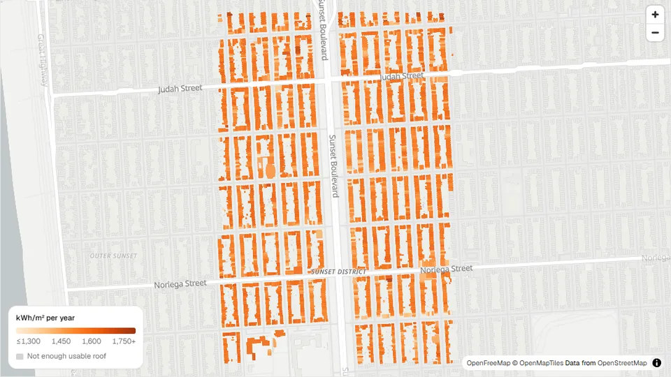 Map of roofs in San Francisco's Outer Sunset coloured by yearly sunlight